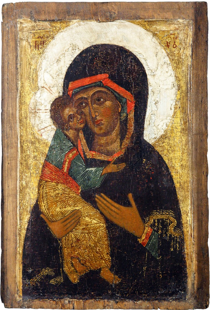Russisk ikon: Jomfruen af Vladimir. Tempera på panel, første halvdel af 1400-tallet, Museum of History and Art, Suzdal af School Russian