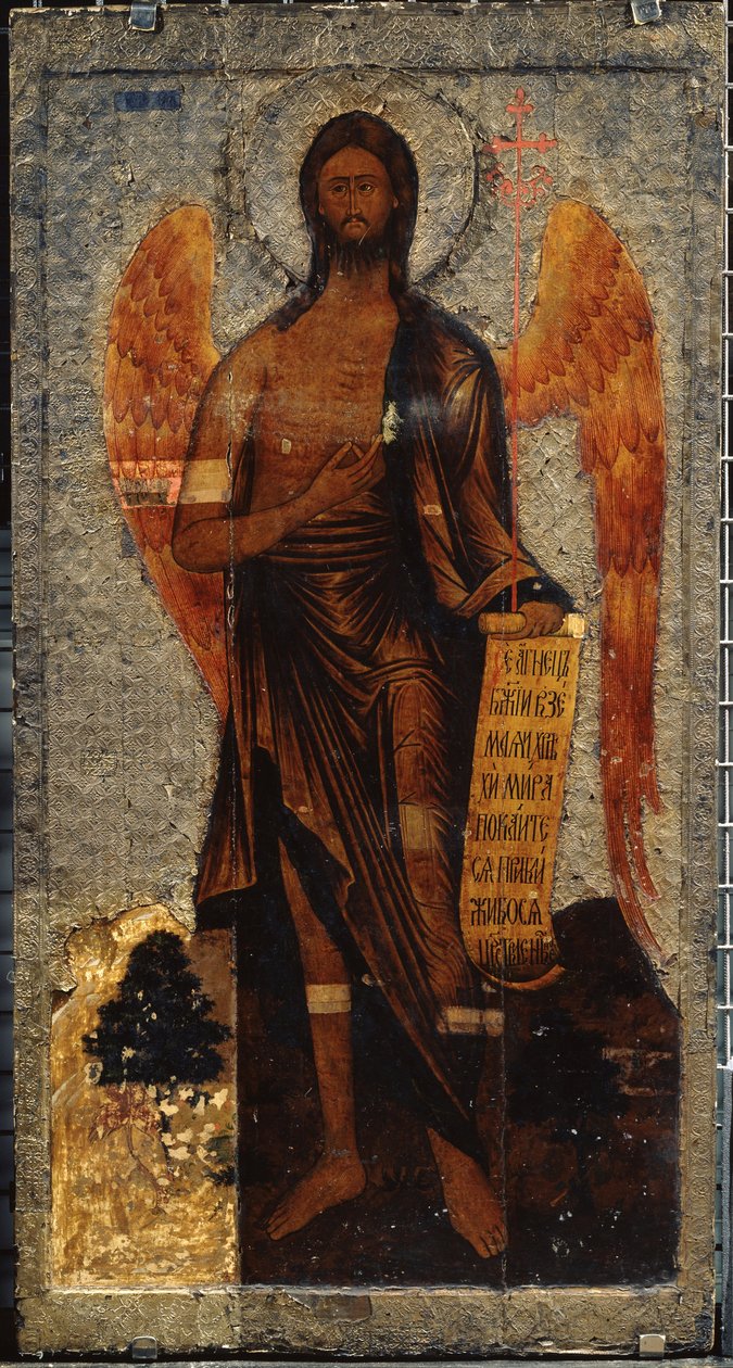 Sankt Johannes Døberen, Ørkenens Engel (John Døberen, Videnskabens Engel). Russisk ikon, ægmaling og tempera på træ, slutningen af ​​1500-tallet. Gammel russisk kunst. Statens Tretyakov-galleri, Moskva af School Russian