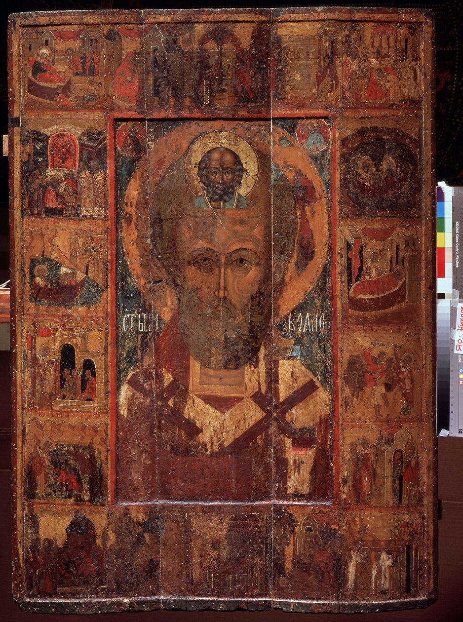 Saint Nicolas de Myre ou de Bari, avec des scenes de sa vie (Saint Nicholas med Scener af sit liv). Russisk ikon, tempera på træ, tidligt i det 15. århundrede, gammel kunst fra Yaroslavl (Rusland). Statens kunstmuseum, Yaroslavl (Rusland). af School Russian