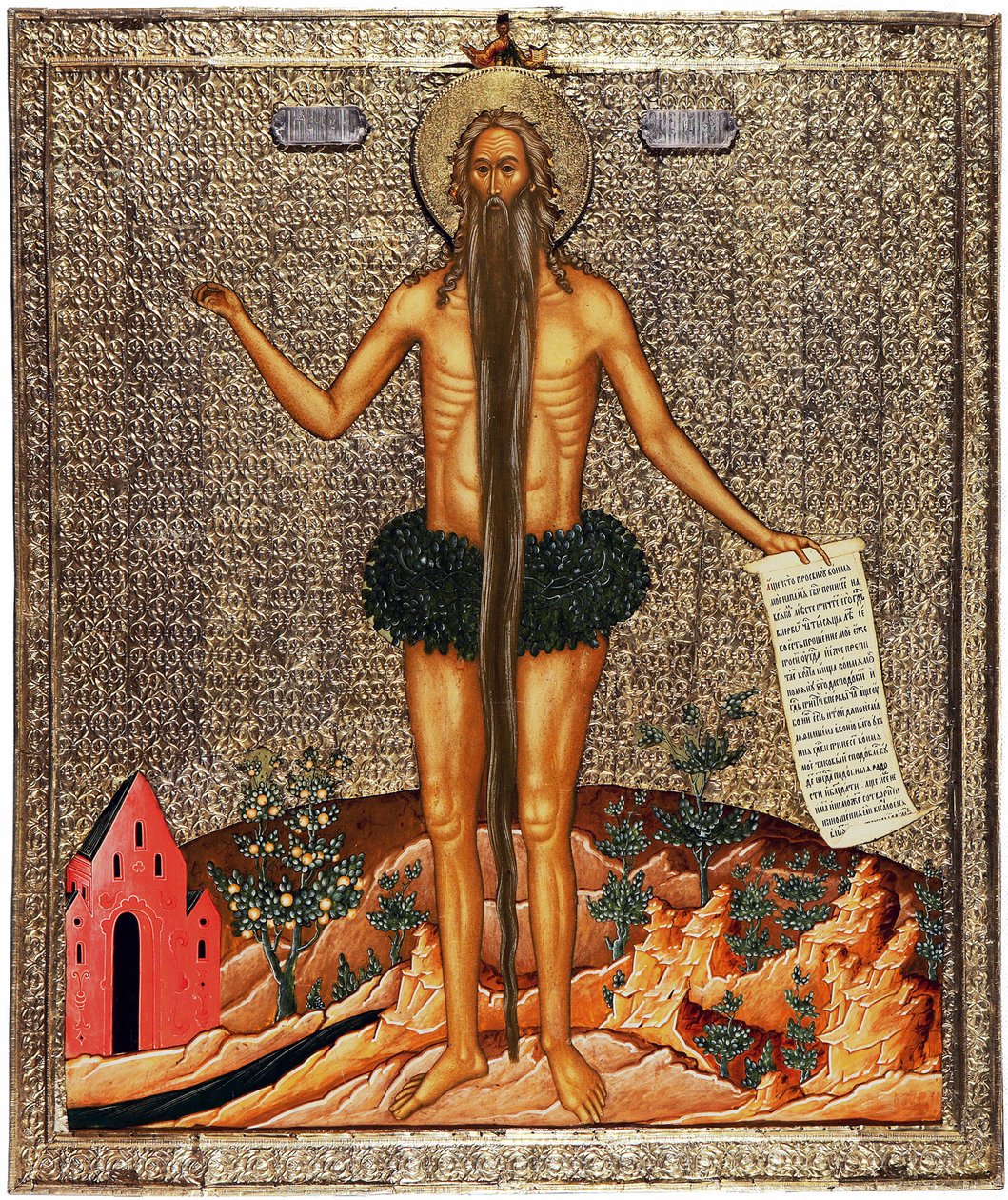 Sankt Onuphrius (Sankt Onuphrius). Onuphre the anchorite eller The Great (4. århundrede), munk dengang eremit i Egypten, er han traditionelt repræsenteret med et langt skæg og grene som tøj. Anonymt værk fra Moskva, tempera på træ, ca af School Russian