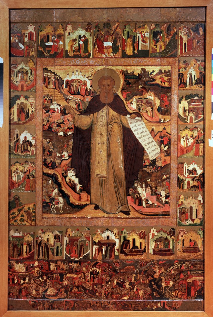 Sankt Sergius af Radonege (1313-1392), med scener fra hans liv (Saint Sergius af Radonezh med scener af hans liv). Russisk ikon, tempera på træ, ca. 1640. Oldtidskunst fra Yaroslavl (Rusland). Statens kunstmuseum, Yaroslavl (Rusland). af School Russian