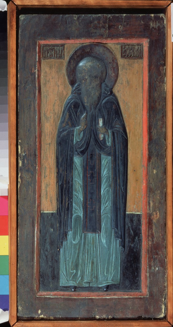 Sankt Zosimus af Solovki (død 1478). Russisk ikon, polykrom udskåret træ, midten af ​​1500-tallet. Gammel traditionel russisk kunst fra Norden. Regionalt museum for kunst og brugskunst, Smolensk (Rusland). af School Russian