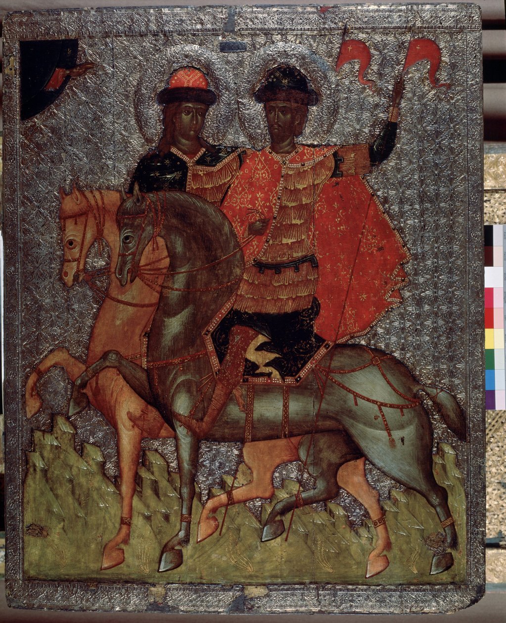 De hellige Boris (eller romerske) og Gleb (eller David) på en hest (martyrer i 1015) (De hellige Boris og Gleb til hest). Yngre sønner af Saint Vladimir, storprins af Kiev, var altid kendetegnet ved deres fromhed, men ved deres fars død, den ældste Svia af School Russian