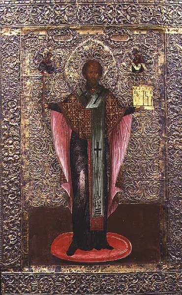 St. Nicholas of Mozhaisk, ikon, ca. 1700 (tempera på panel med messing oklad) af School Russian