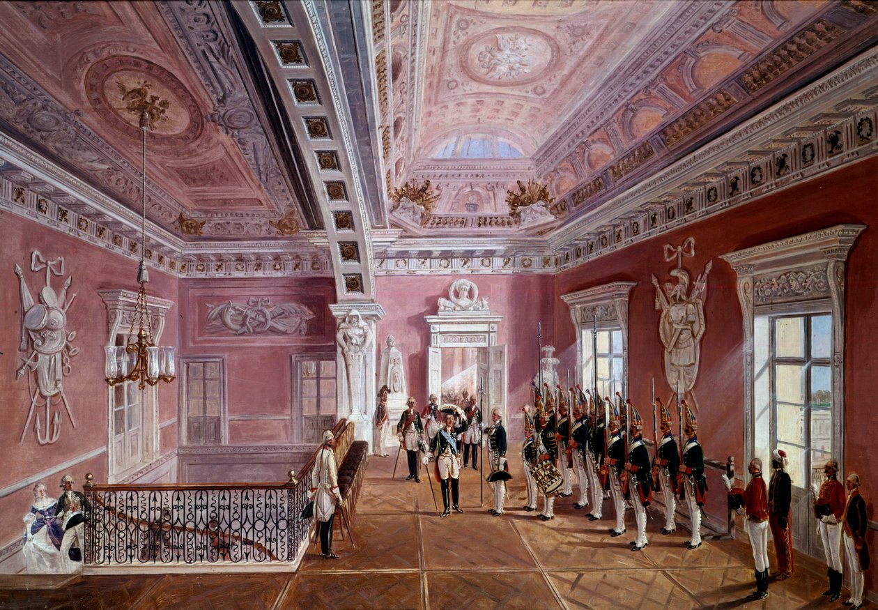 Tag vagten i den øverste forhal på Pavlosk Slot i nærværelse af Paul I, der løfter sin hat. Maleri af Schwartz (1800-tallet) Ec. Rus. af School Russian