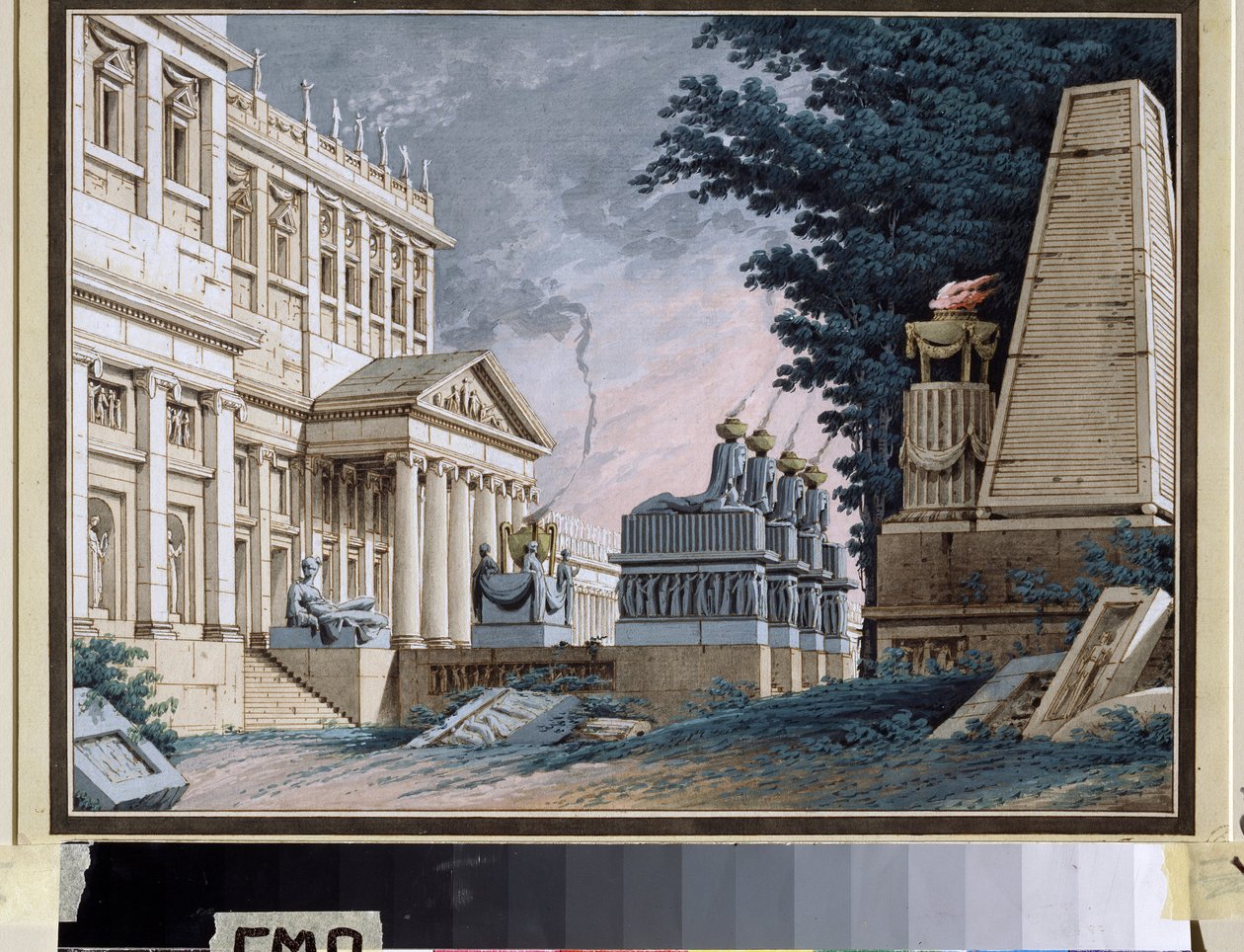 Tempel, scenedesign til et teaterstykke. Anonymt maleri. Akvarel og gouache på papir, ca. 1800. Russisk teaterdekor. Museum Palace Theatre Ostankino, Moskva. af School Russian
