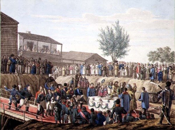 Nedlægningen af den første sten til toldhuset i Mohiloff i 1820 (akvarel på papir) af School Russian