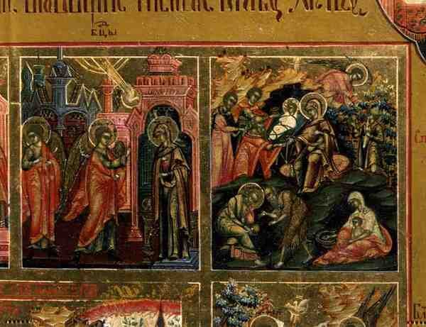 Opstandelsen og nedstigningen til helvede, detalje fra The Margin of the Feasts, der skildrer bebudelsen og fødselen (tempera på panelet) af School Russian