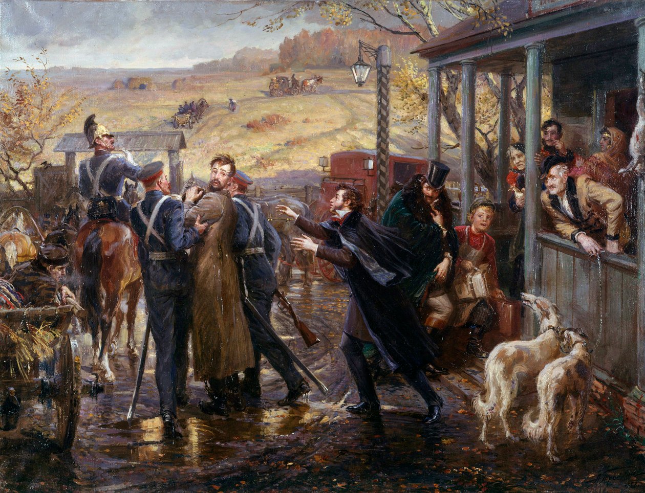 Den russiske digter Alexander Pushkin (Pushkin) (1799-1837) møder sin decembrist-ven Kukhelbacker, der afgår til Zabaze-banegården i 1827 Maleri af den russiske skole. 19. århundrede St. Petersborg, Eremitagemuseet af School Russian