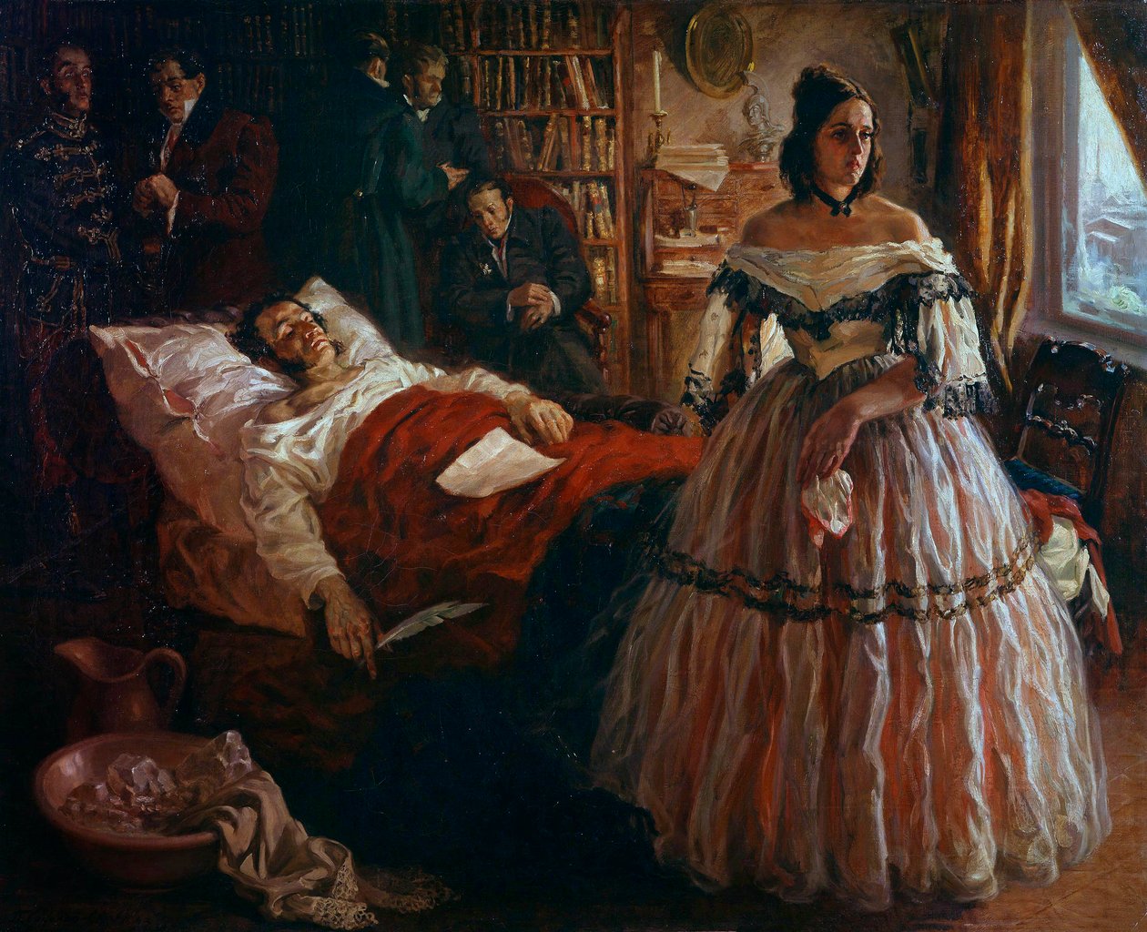 Den russiske digter Alexander Pushkin (Pushkin) (1799-1837) på sit dødsleje omgivet af sin kone Natalia Gontcharova (Goncharova), og hans venner Anonym maleri af den russiske skole. 1837 Eremitagemuseet Sankt Petersborg af School Russian