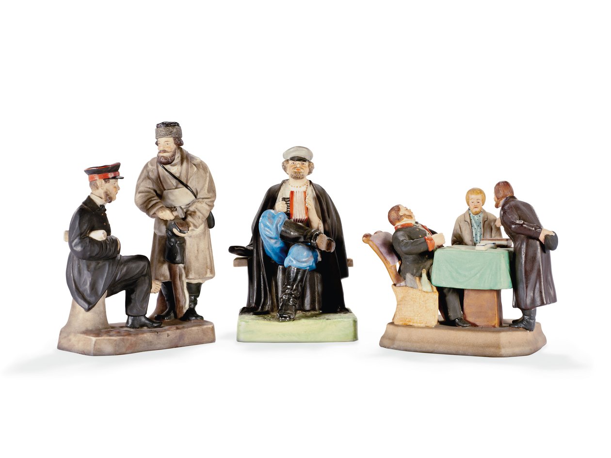 Tre porcelænsfigurgrupper fra Gardner Porcelænsfabrik, slutningen af det 19. århundrede (porcelæn) af School Russian