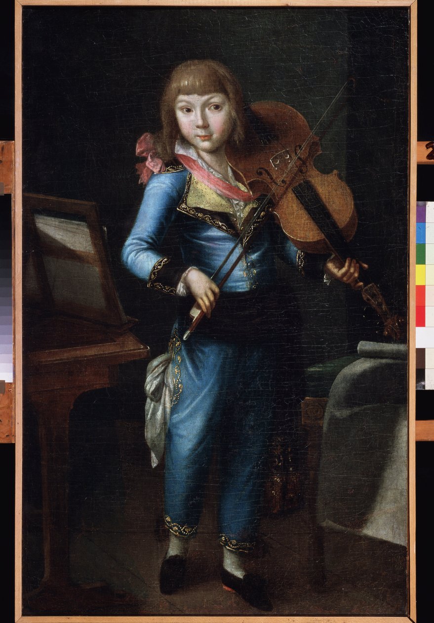 En ung violinist i blåt jakkesæt. Maleri af en russisk mester, olie på lærred, ca. 1790. Russisk kunst fra 1700-tallet. Museum Palace Theatre Ostankino, Moskva. af School Russian