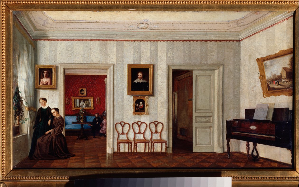 Et lille værelse med et klaver. (Og to kvinder kigger ud af vinduet). Maleri af en russisk mester, olie på lærred, midten af ​​1800-tallet. Statens Tretyakov-galleri, Moskva. af School Russian