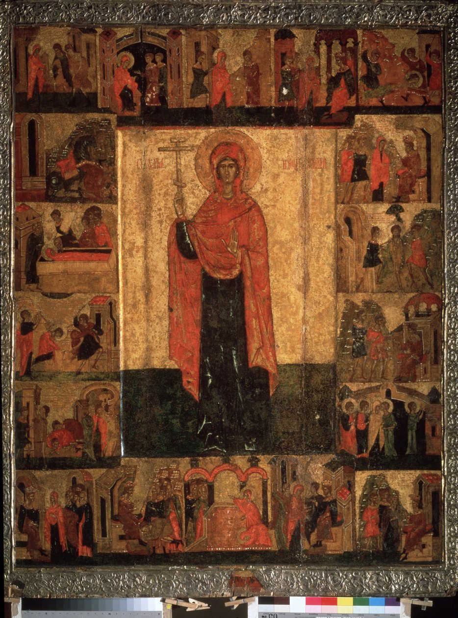 ""Livet og episoderne af Saint Paraskeva Pyatnitsa"" Russisk ikon. Maleri på træ fra 1400-tallet. Statens Historiske Museum, Moskva af School Russian