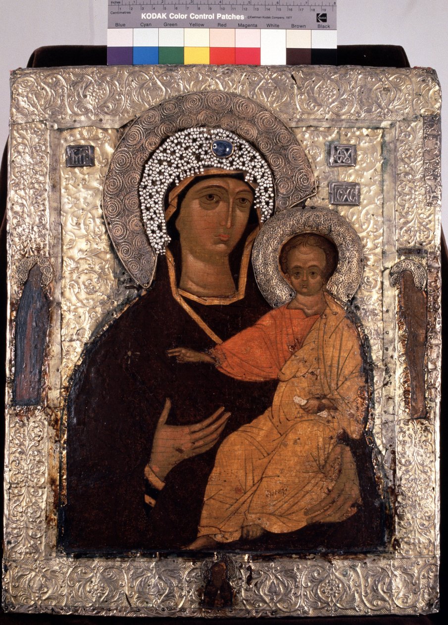 ""Vierge Hodegetria (Hodigitria) "" Icone russe. Peinture sur bois du 14eme siecle. Statens frilandsmuseum for Treenigheden Lavra af St. Sergius, Sergyev Possad af School Russian