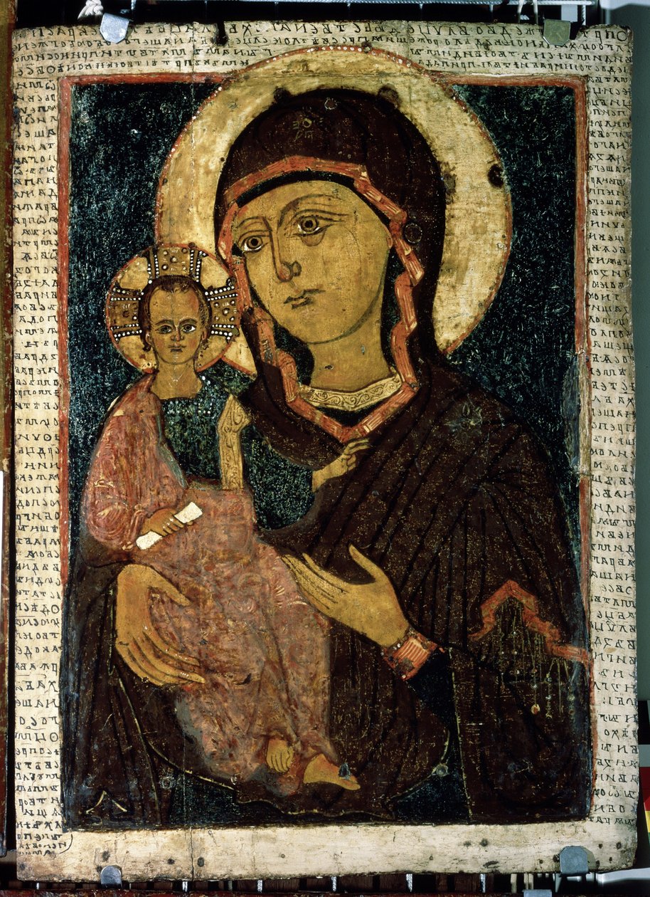 ""Jomfru Hodegetria (Hodigitria)"" Jomfru Maria og Jesusbarnet, hvis glorie er markeret med et kors. Russisk ikon. Maleri på træ fra slutningen af ​​1200-tallet. Statens Tretyakov-galleri, Moskva af School Russian