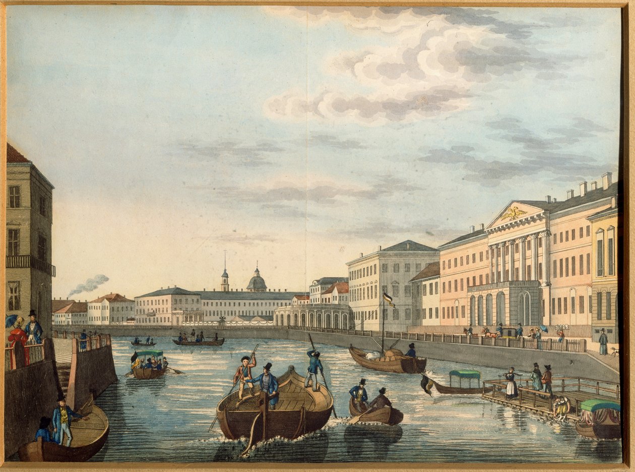 Udsigt over Fontanka-floden i Sankt Petersborg. Anonymt værk, Litografi, farvelagt i akvarel, ca. 1820. Russisk kunst af School Russian