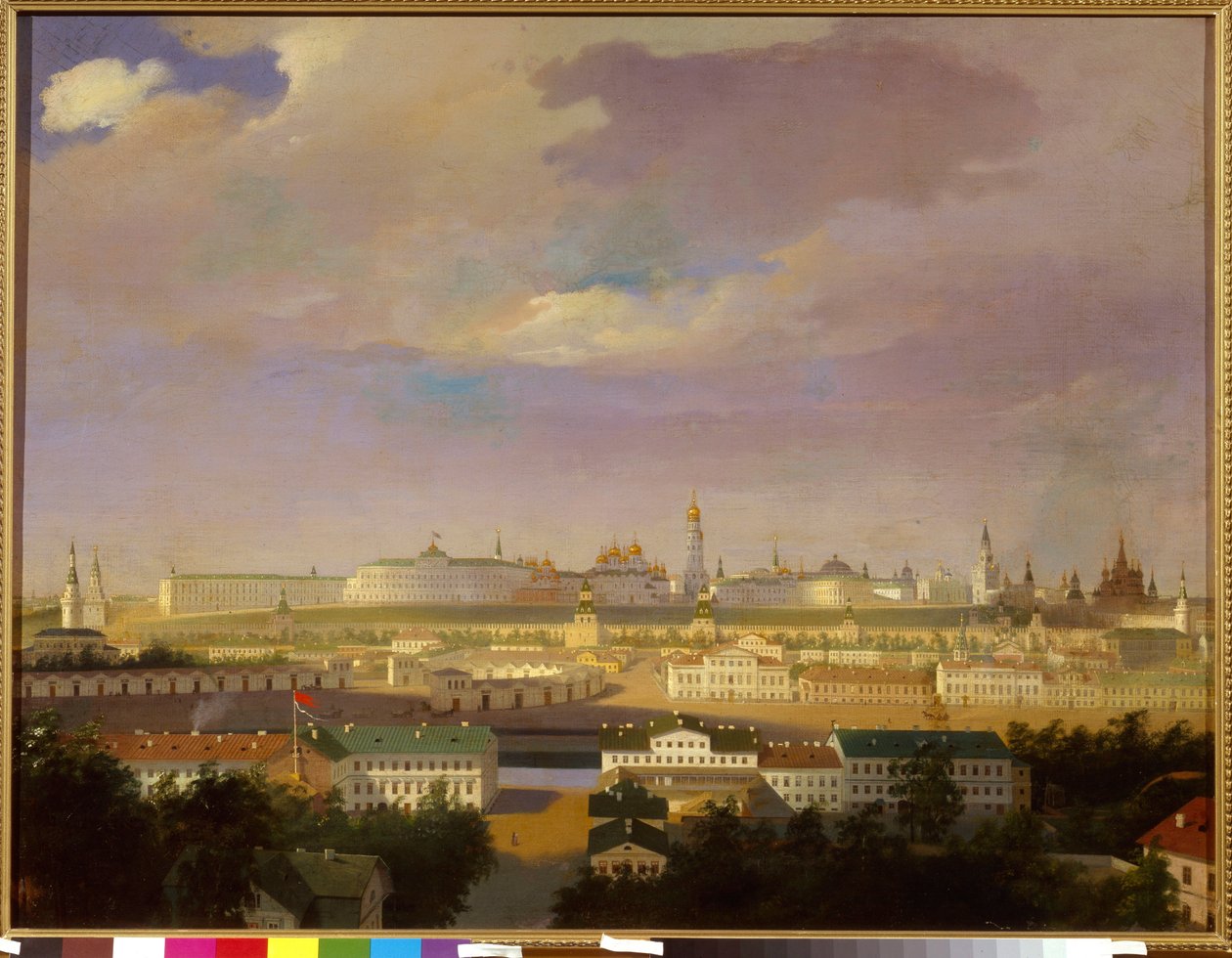 Udsigt over Moskvas Kreml fra Mars-pladsen (Bolotnaya). Anonymt maleri, olie på lærred, midten af ​​1800-tallet. Russisk kunst, neoklassicisme. Statens Historiske Museum, Moskva. af School Russian
