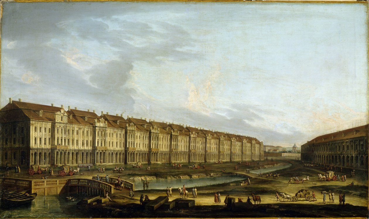 Udsigt over bygningen af ​​de tolv gymnasier i Sankt Petersborg. (Udsigt over The Twelve Collegia Building i Sankt Petersborg). Beskrivelse af købmandsretten på Neva, cirkulation og transport af varer og vogne. Anonymt maleri, olie på dig af School Russian
