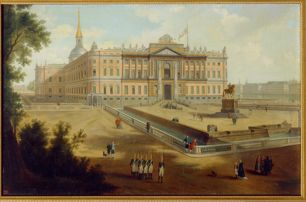 Vue du palais Michel a Saint Petersburg (Udsigt over Michael Palace i Skt. Petersborg). Anonymt maleri, olie på lærred, omkring 1800. Russisk kunst af School Russian