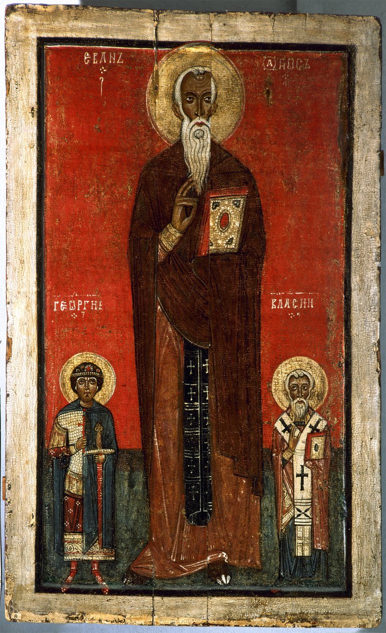 Sankt John Climacus med Sankt Georg og Sankt Blaise Russisk ikon fra det 13. århundrede stats russisk museum Sankt Petersborg af School Russian