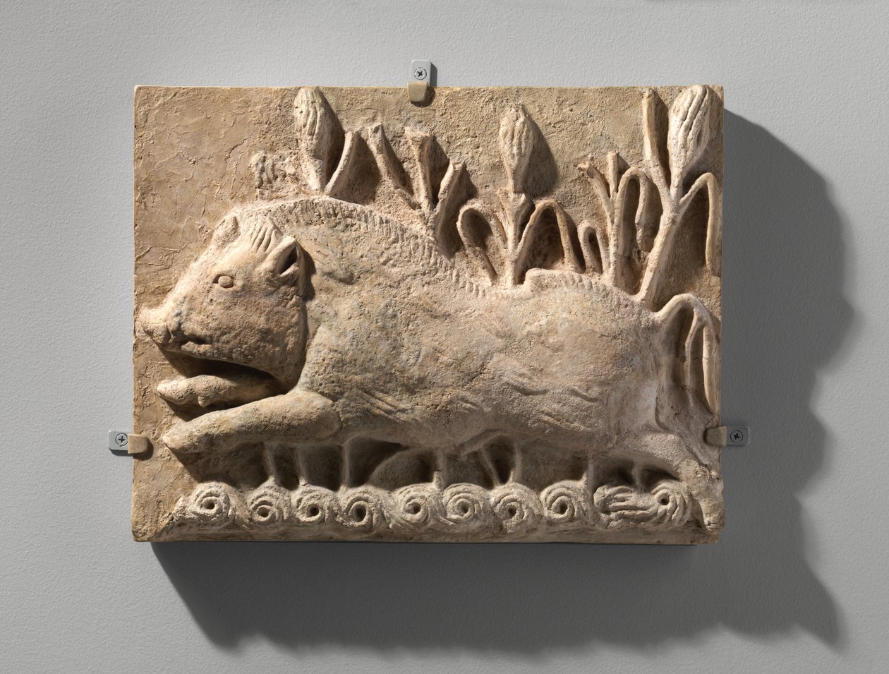 Vægpanel med en opladningssvin, ca. 6. århundrede e.Kr. (stuk) af School Sasanian