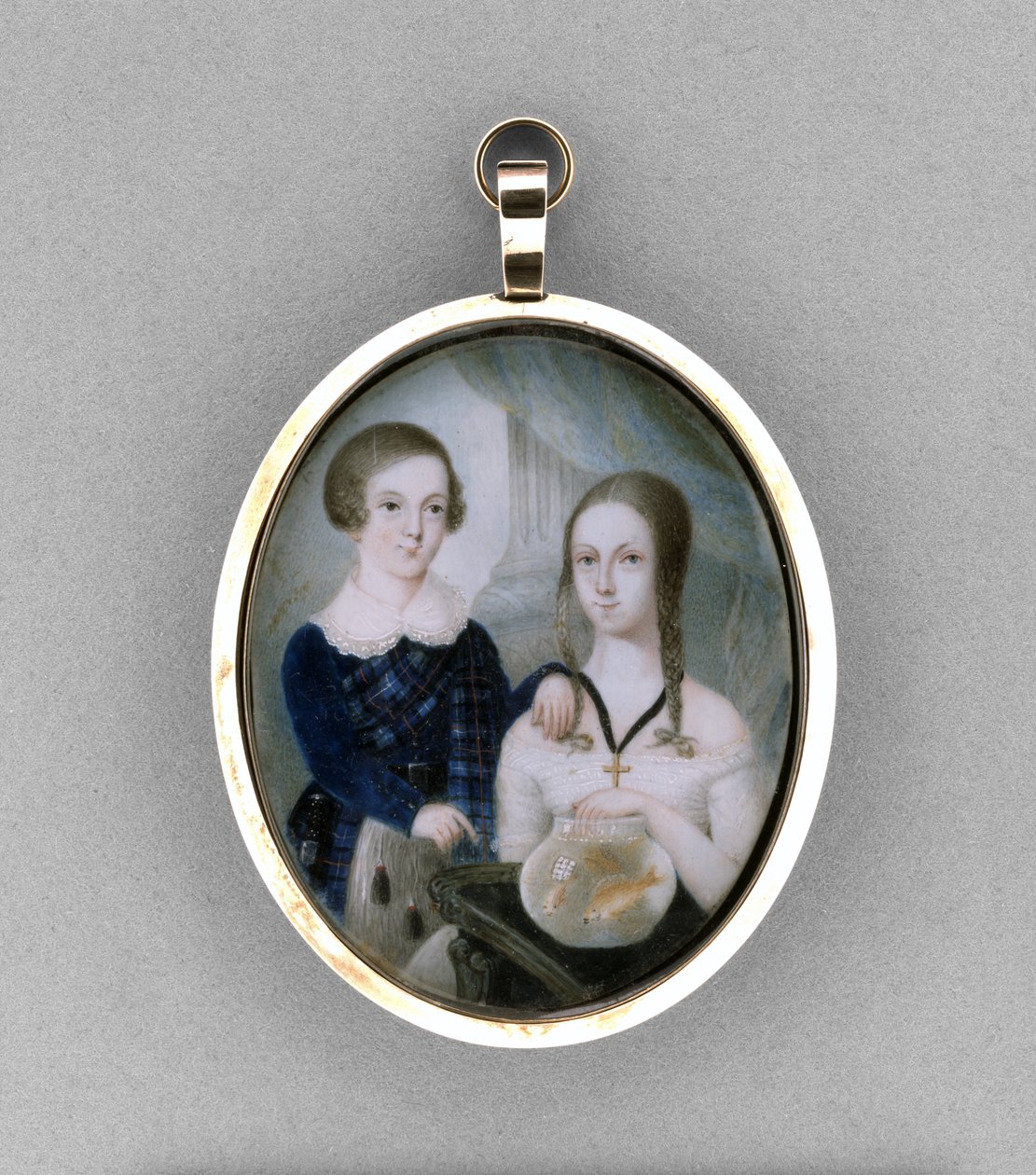 Portræt af en bror og søster, ca. 1840 (akvarel på elfenben af Scottish School