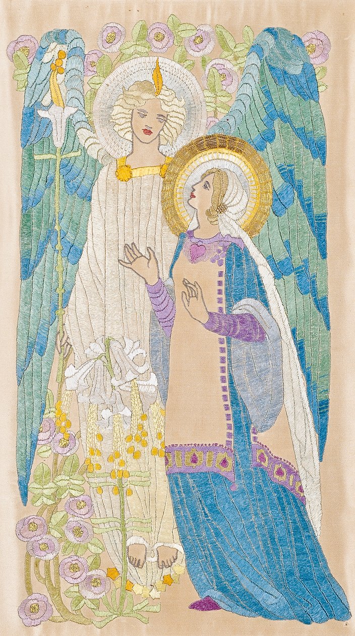 Bebudelsen, skolebroderi fra Glasgow, ca. 1910 (silke og guldtråd) af School Scottish