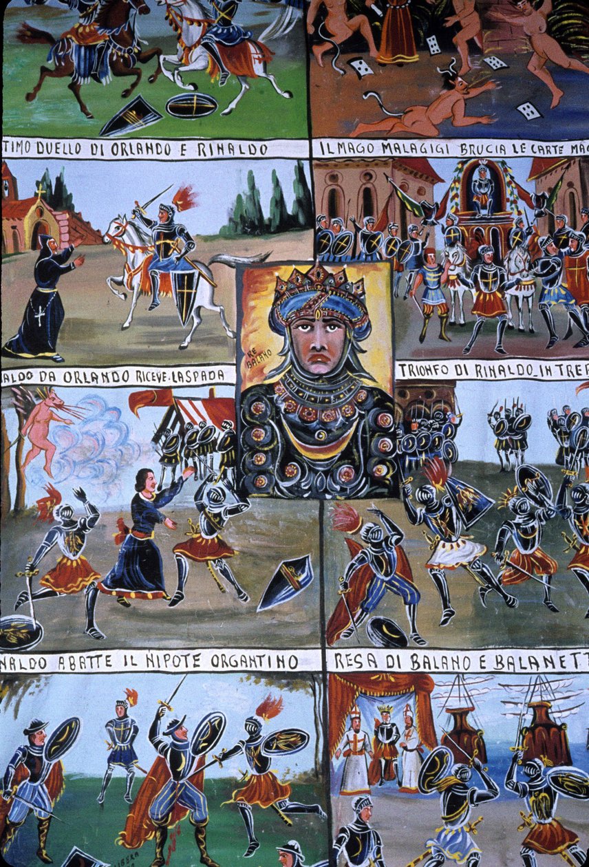En dukketeaterindretning ved navn Puppi, der tilhører en siciliansk tradition, der går tilbage til oldtiden og har til formål at fortælle historien om invasioner og normanniske erobringer. Palermo, Sicilien, Italien. af School Sicilian