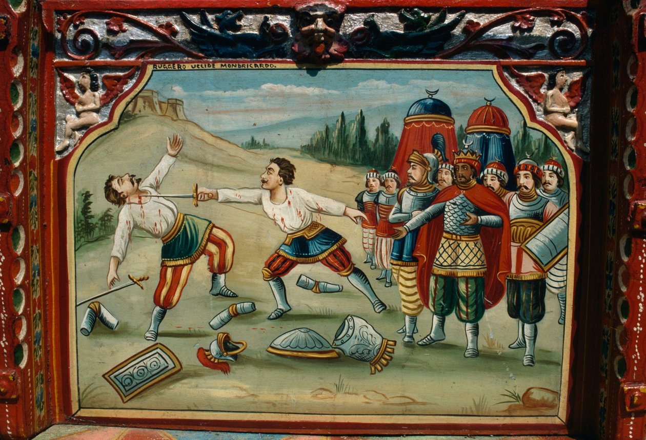 Malet, håndskåret, traditionel siciliansk vogn, Sicilien, Italien, Detail af School Sicilian