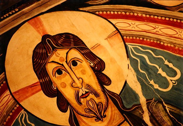 Kristus i Majestæt flankeret af serafer og symboler fra evangelisterne, kopi af original fra det 12. århundrede (fresko) (detaljer) af School Spanish