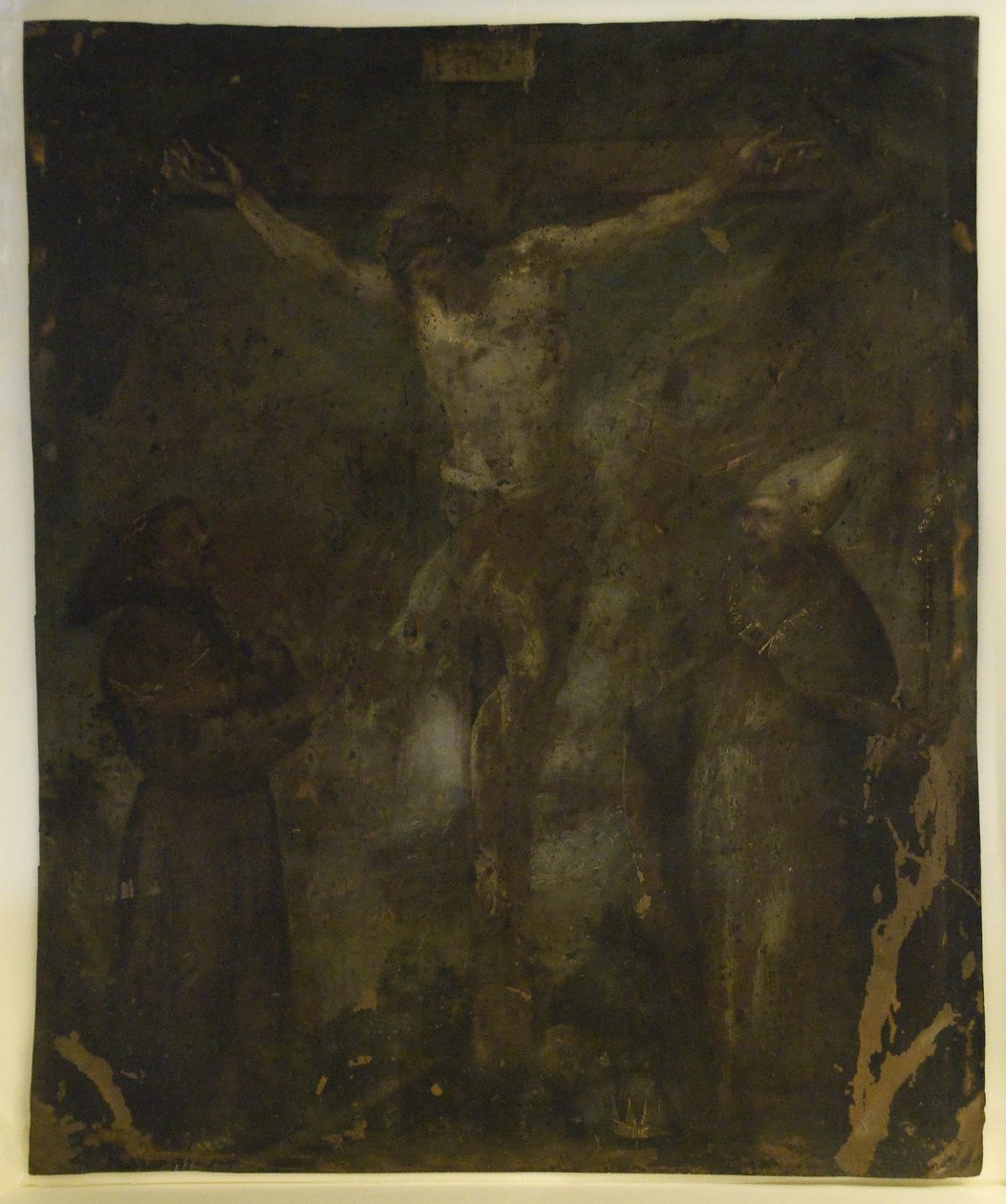 Korsfæstelse (Madonna On Verso) (olie på kobber) af School Spanish
