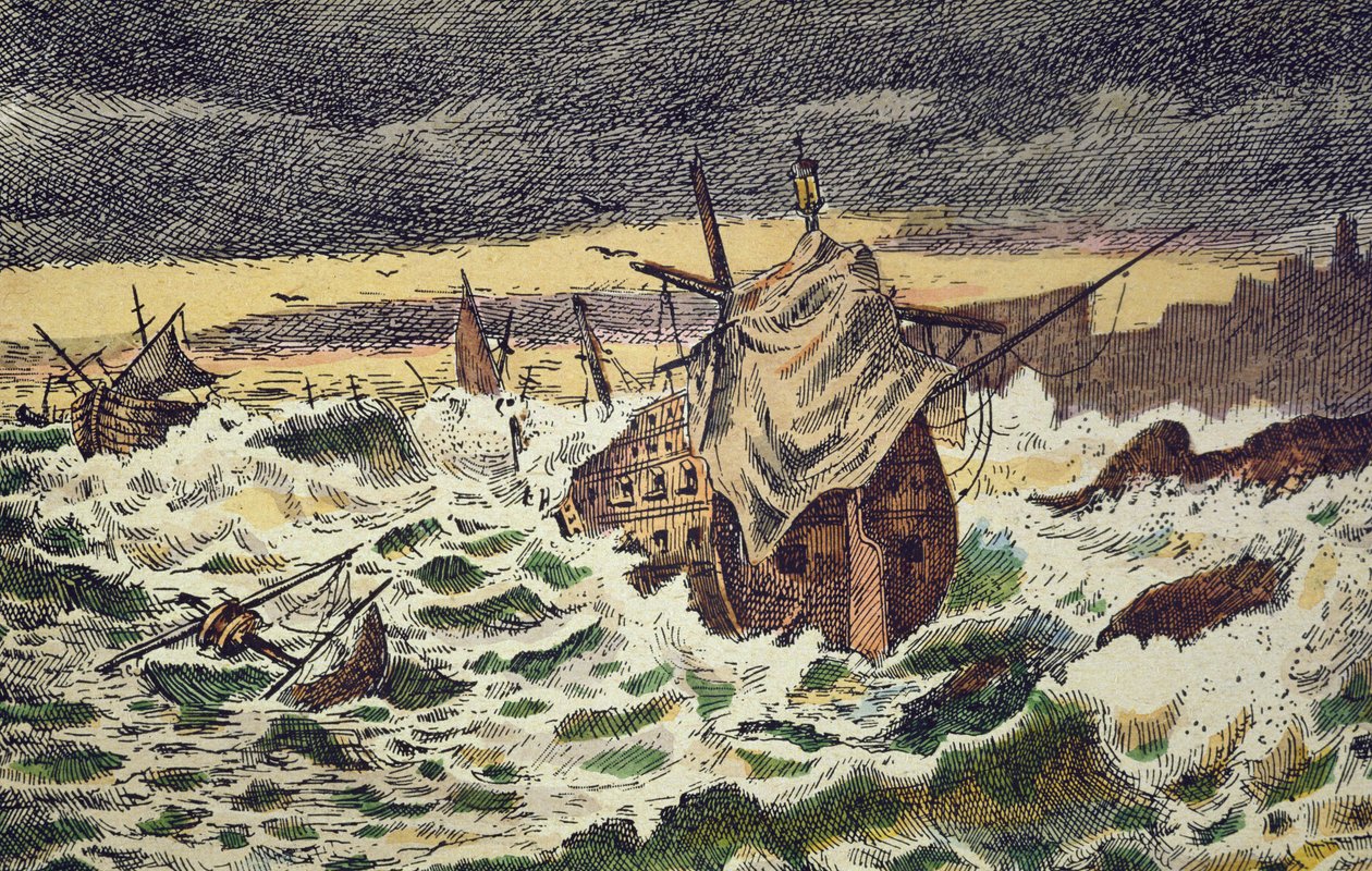 Ødelæggelse ved storme af den uovervindelige spanske armada, sendt af kong Philip II mod England i 1588 (håndfarvet gravering) af School Spanish
