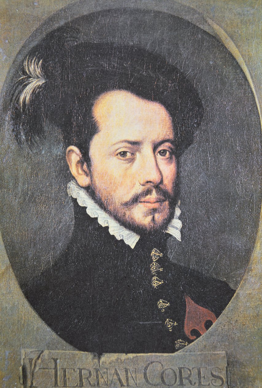 Portræt af Hernan Cortes (farve litho) af School Spanish
