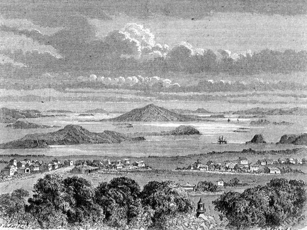 Udsigt over Aucklands havn, illustration fra "The Return to the World af School Spanish