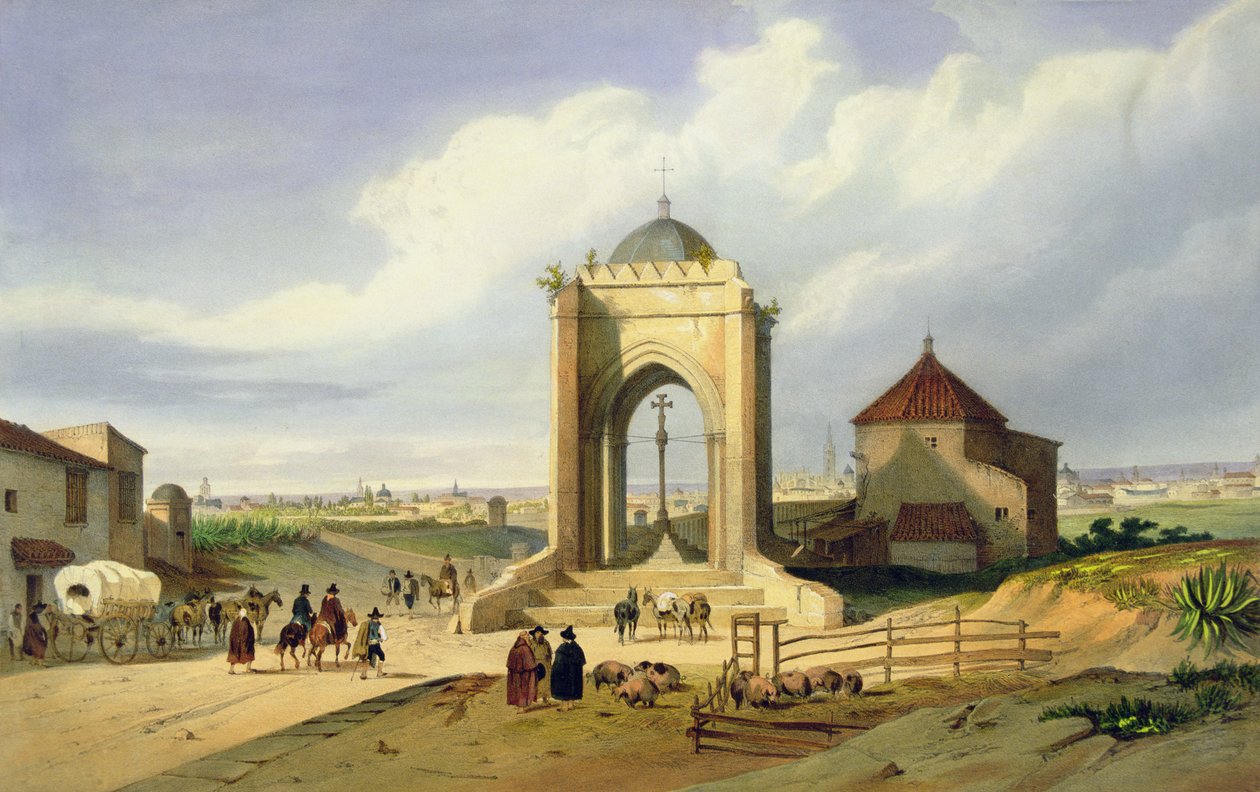 Udsigt over byen Sevilla fra Cruz del Campo (farve litho) af School Spanish