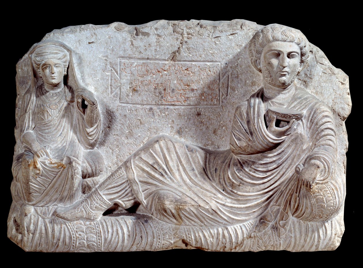 Begravelsesrelief i kalksten af Taime og hans kone. fra Palmyra. 200 e.Kr. Paris, Louvre-museet af School Syrian