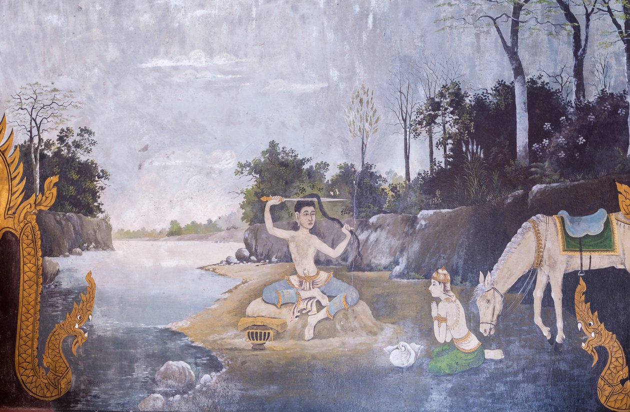 Freske, der viser en scene fra Buddhas liv, Wat Phra That Doi Suthep-templet (freske) af School Thai