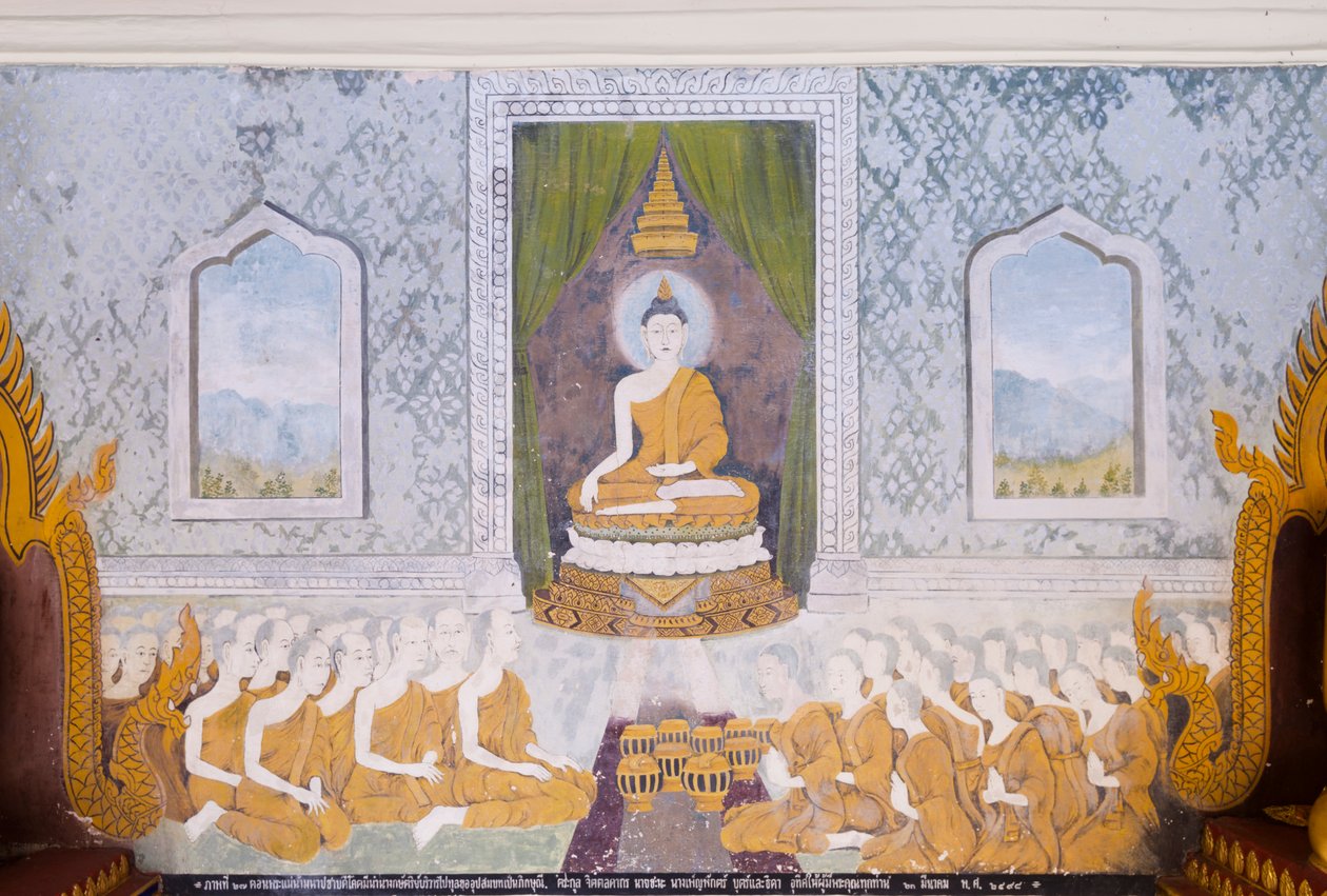 Freske, der viser en scene fra Buddhas liv, Wat Phra That Doi Suthep-templet (freske) af School Thai