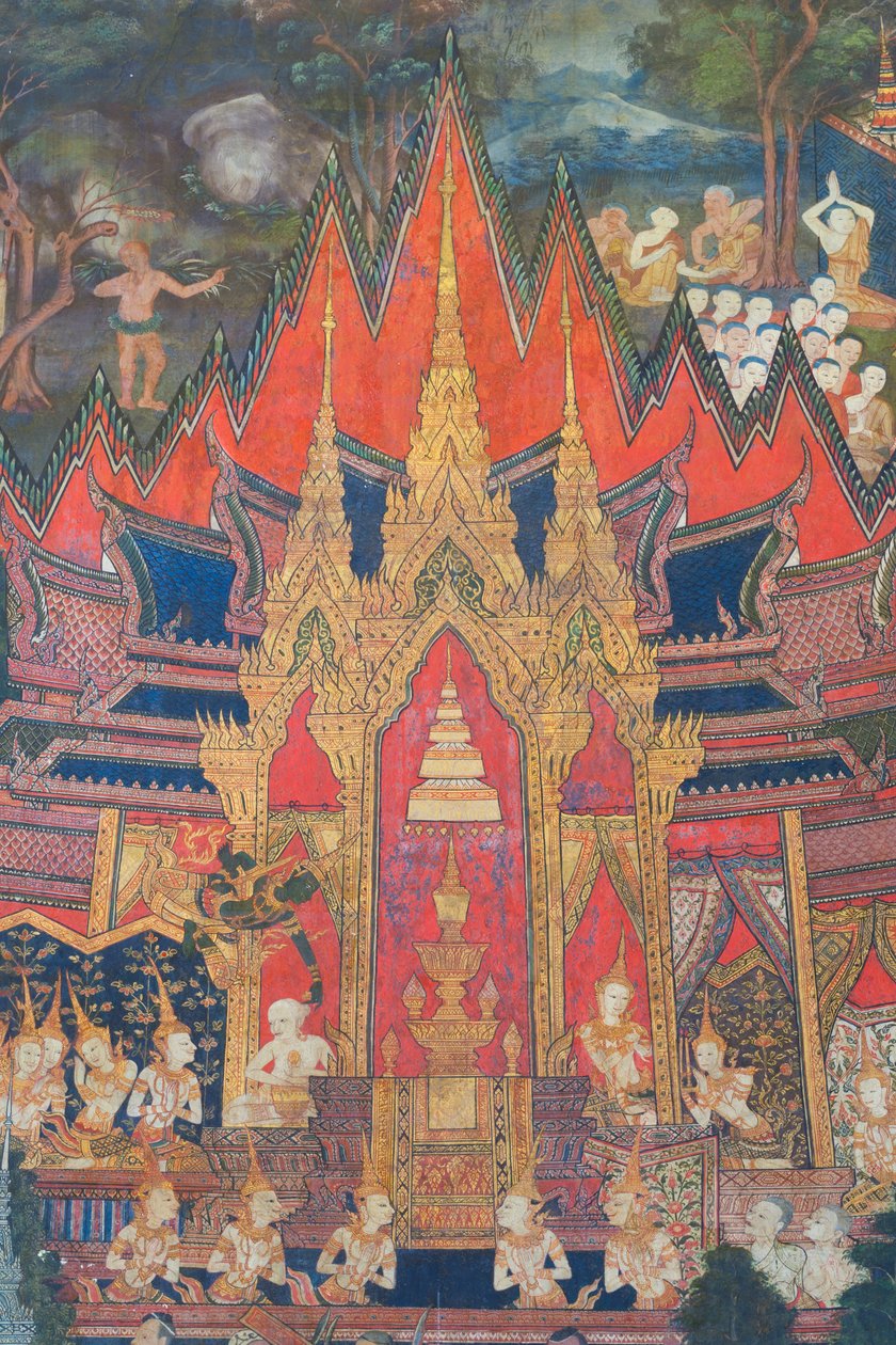 Vægmalerier i Buddhaisawan-kapellet viser Indra, der stiger ned fra himlen kort efter Buddhas kremering og snupper det mest værdifulde relikvie, en tand, der er gemt i brahminens chignon. af School Thai