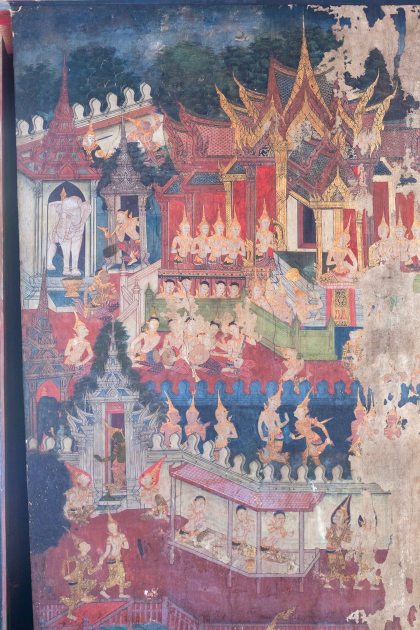 Vægmalerier i Buddhaisawan-kapellet, der viser Buddha i kongelig dragt for at ydmyge og overbevise den stolte, men vildledte kejser Jambupati om, at vejen til oplysning er at foretrække frem for materiel rigdom, Wang Na-paladset (maleri) af School Thai