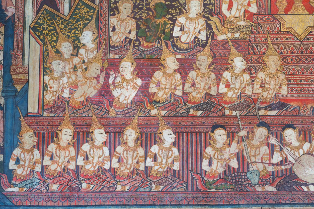 Vægmalerier i Buddhaisawan-kapellet viser fejringen af det kongelige bryllup mellem Bodhisattvas forældre, kong Suddhodana fra Sakya-klanen og prinsesse Mahamaya. af School Thai