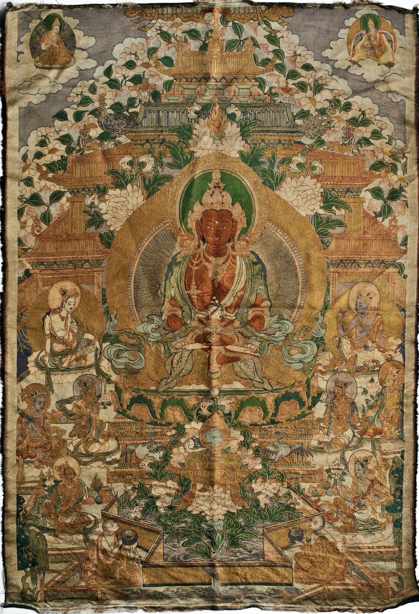 Amitabha (det rene lands buddha) - Tibetansk maleri, pigmenter og guld på stof, slutningen af ​​det 19. århundrede, 74x51 cm - (Amitayus Buddha Thangka, Tibetansk kultur, Pigmenter og guld på tekstil, Slutningen af ​​1800-tallet) - Privat samling af School Tibetan