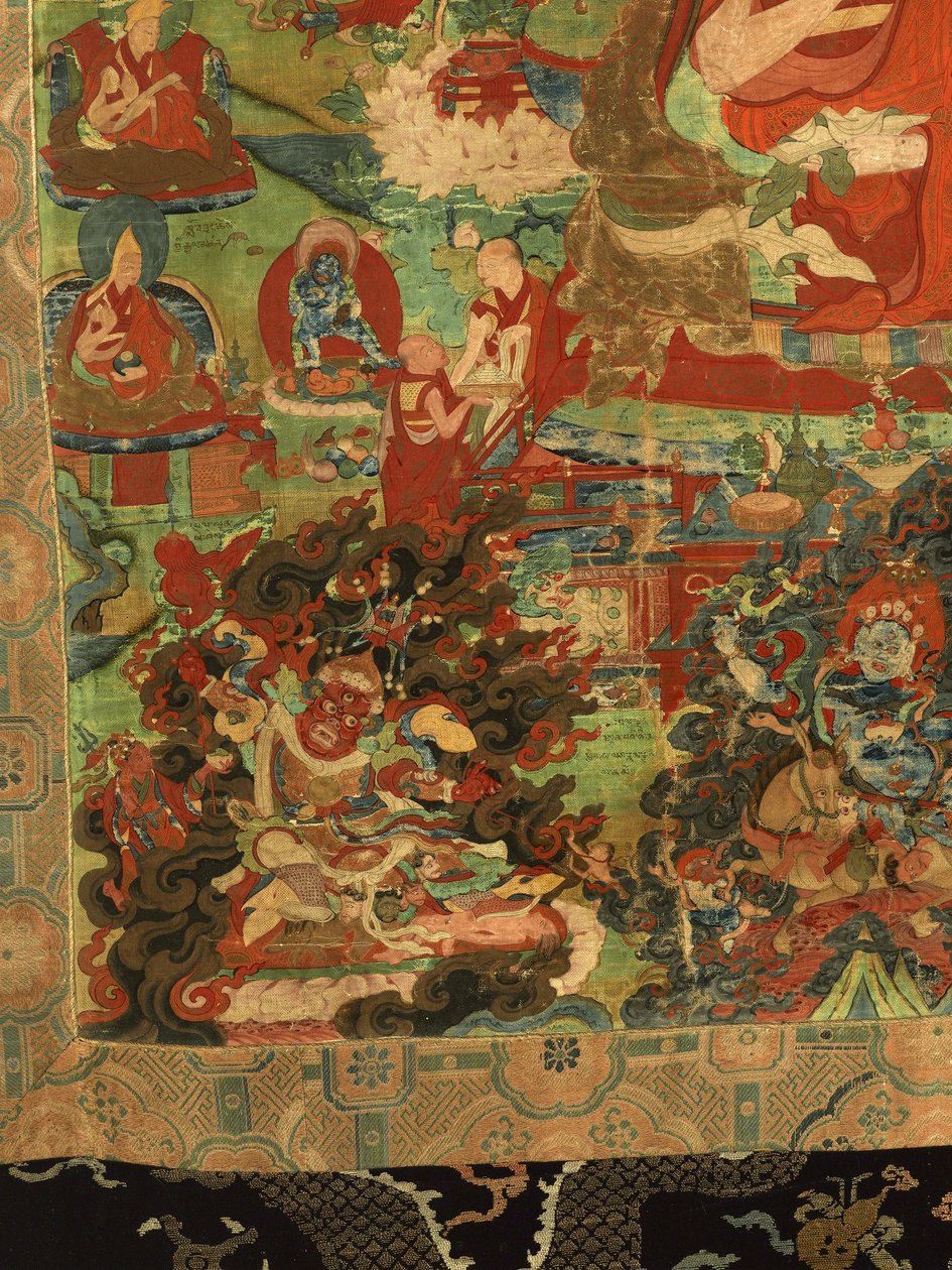 Detalje af tredje Panchen Lama Losan Penden Yeshe (gouache på stof) af School Tibetan