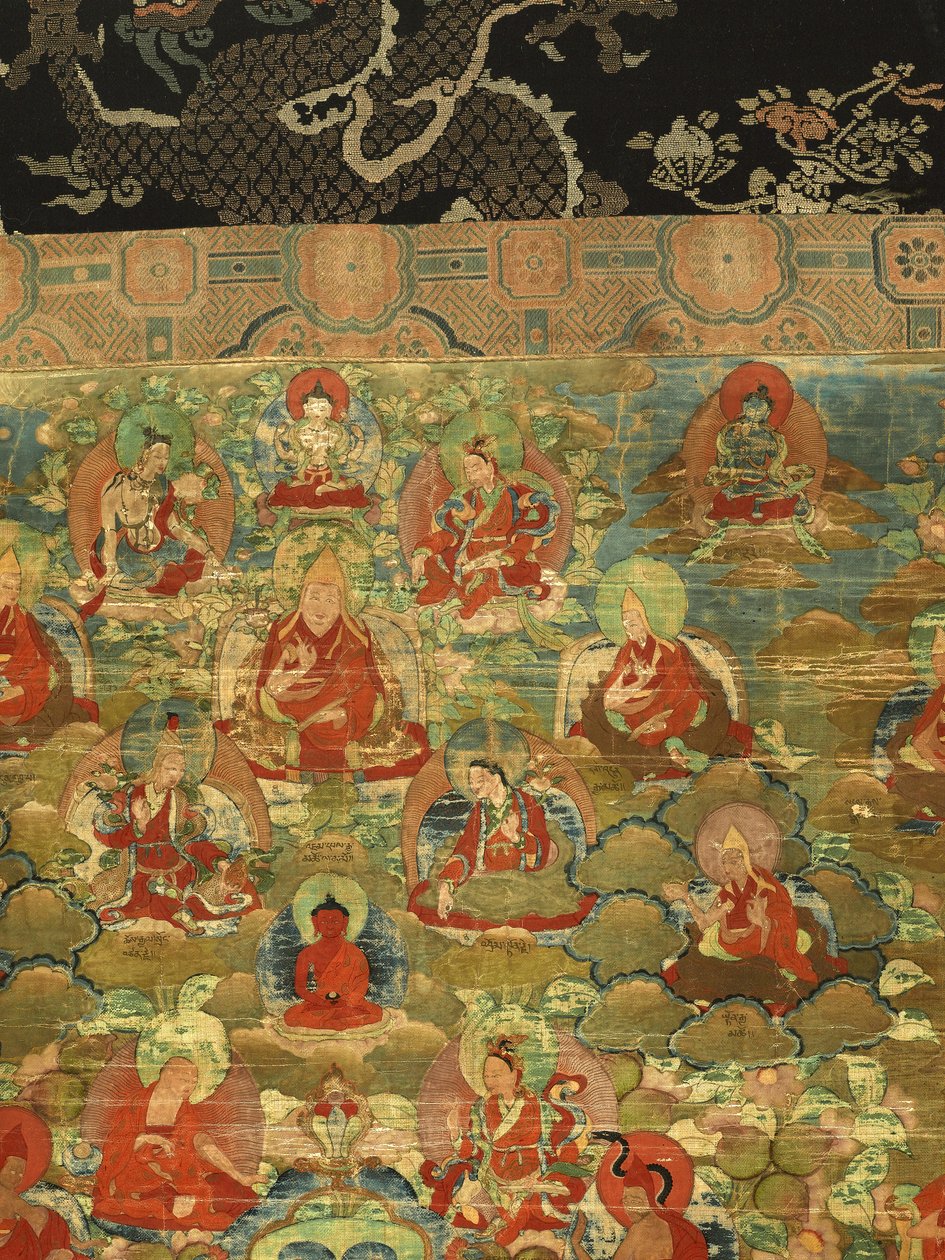 Detalje af tredje Panchen Lama Losan Penden Yeshe (gouache på stof) af School Tibetan
