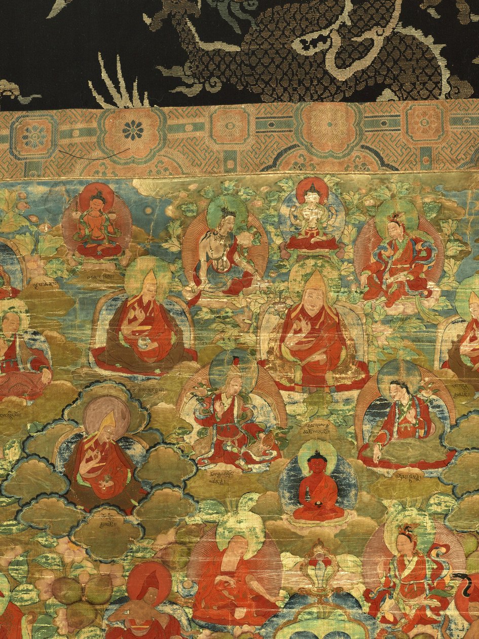 Detalje af tredje Panchen Lama Losan Penden Yeshe (gouache på stof) af School Tibetan