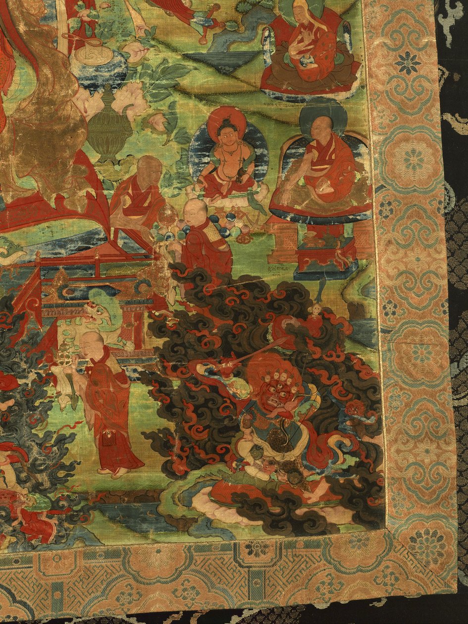 Detalje af tredje Panchen Lama Losan Penden Yeshe (gouache på stof) af School Tibetan