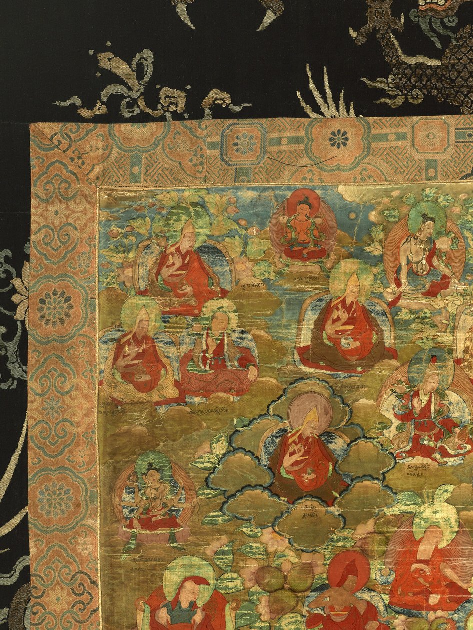 Detalje af tredje Panchen Lama Losan Penden Yeshe (gouache på stof) af School Tibetan
