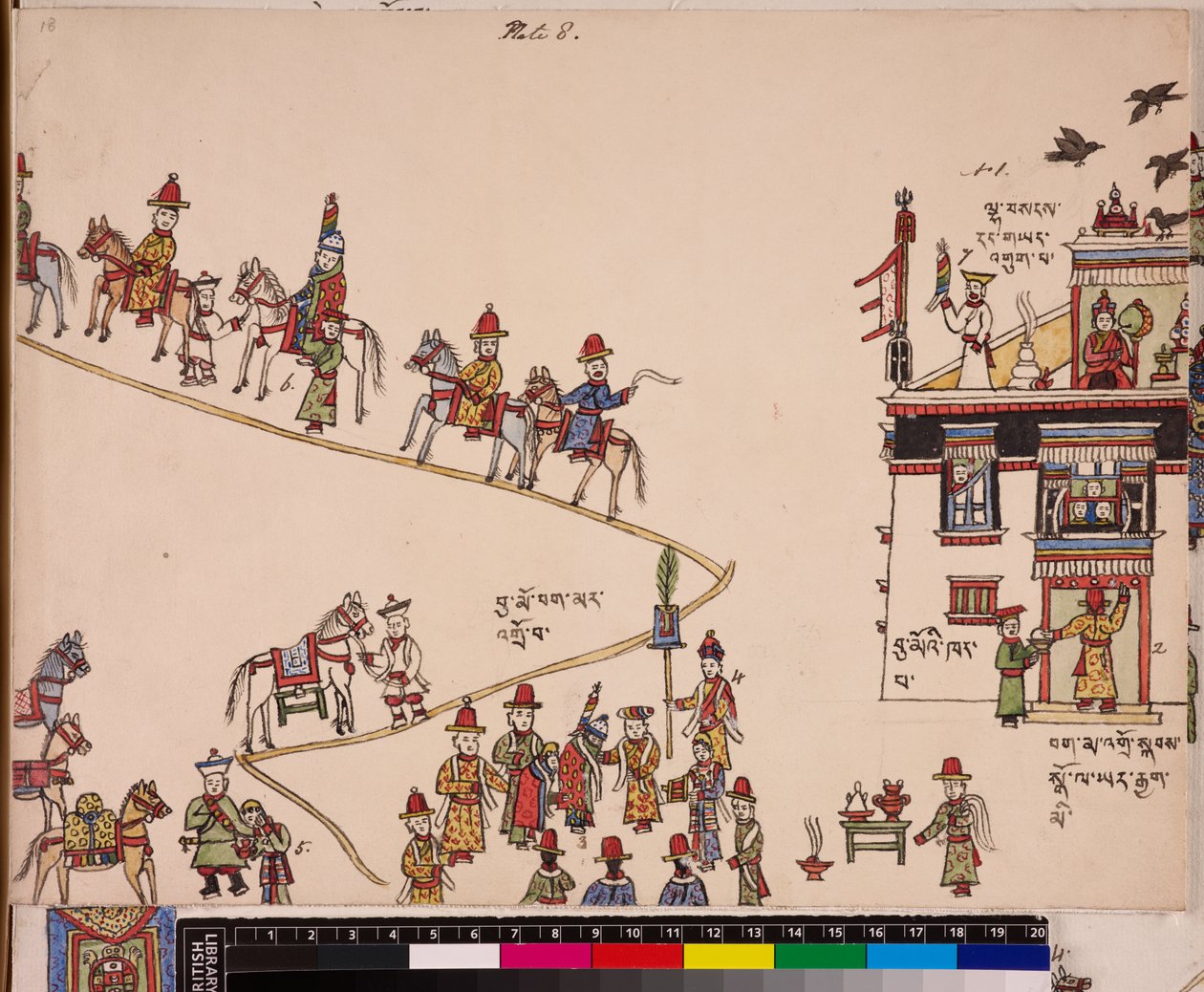 Illustration af en del af en bryllupsceremoni: bruden bliver hentet ved sit hus, ca. 1844 - 62 (pigmenter på papir) af School Tibetan
