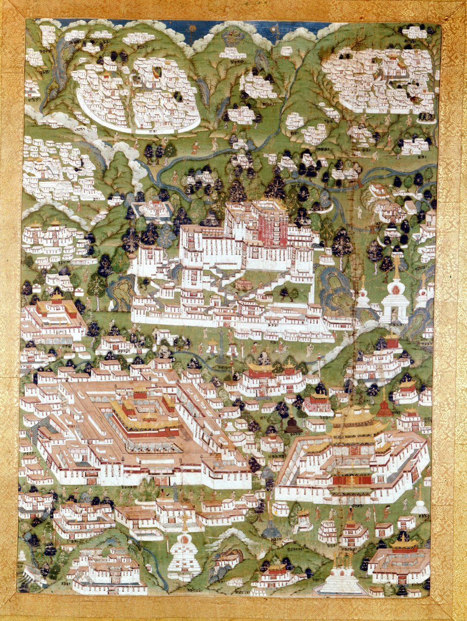 Repræsentation af byen Lhasa, Tibetansk Thai-Ka, Guimet Museum, Paris af School Tibetan